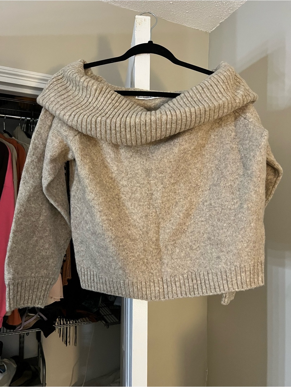 Abercrombie & Fitch Off-the-Shoulder Heathered Beige Knit Sweaters. 2 for 50.